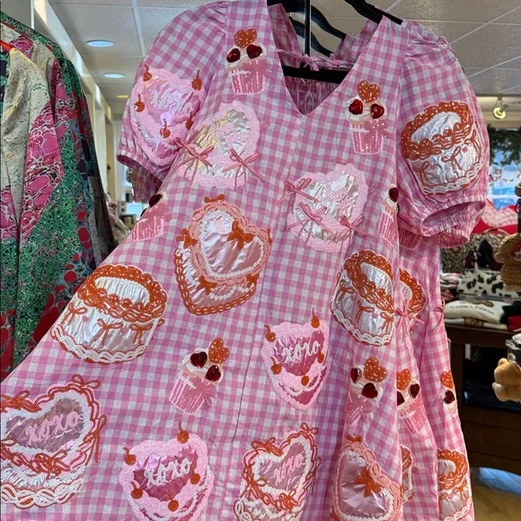 QUEEN OF SPARKLES Valentine's Day Pink and White Gingham Cakes and Pastries Dres - Picture 1 of 4